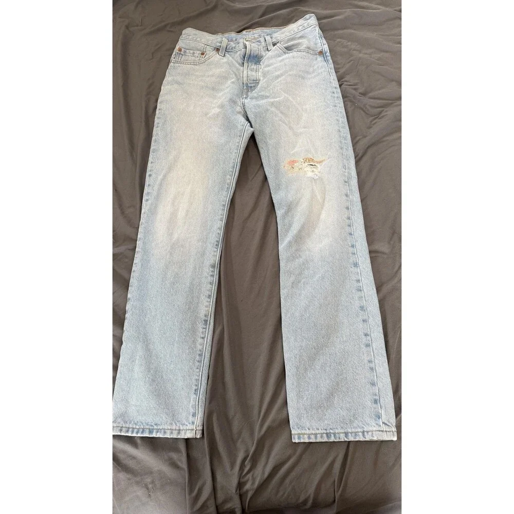 Levi's 501 150th Jeans Mens 28x30 Blue Regular Straight‎ Light Wash Distressed